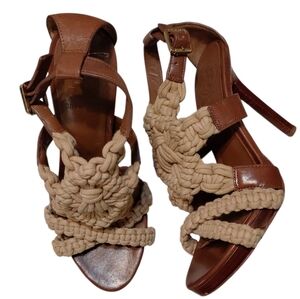 Tory Burch Fleur Woven Rope and Leather Wooden Heeled Sandal Size 6.5